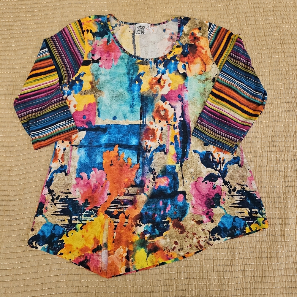 Parsley & Sage Colorful Abstract Artsy‎ Print Top Asymmetrical Wearable Art